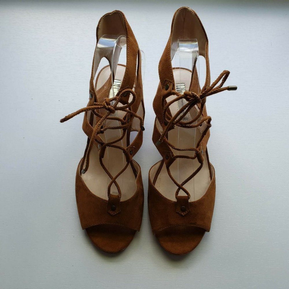 INC Tan Faux Suede Lace up Wedge Sandals - Picture 3 of 11